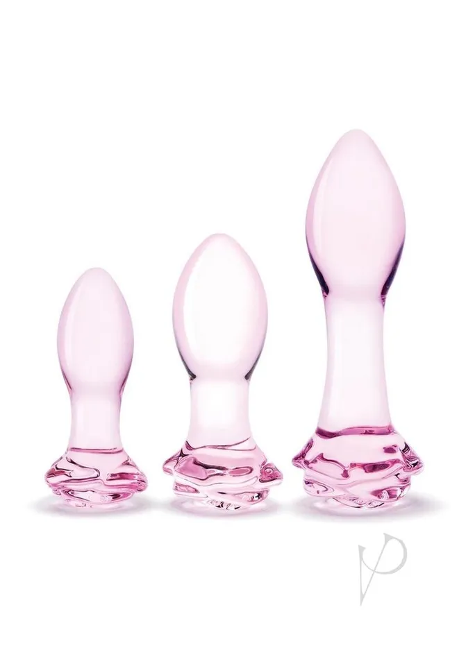 Glas Rosebud Butt Plug Set 3 Piece Pink Glas Anal Glas Rosebud Butt Plug Set 3 Piece Pink Glas Anal