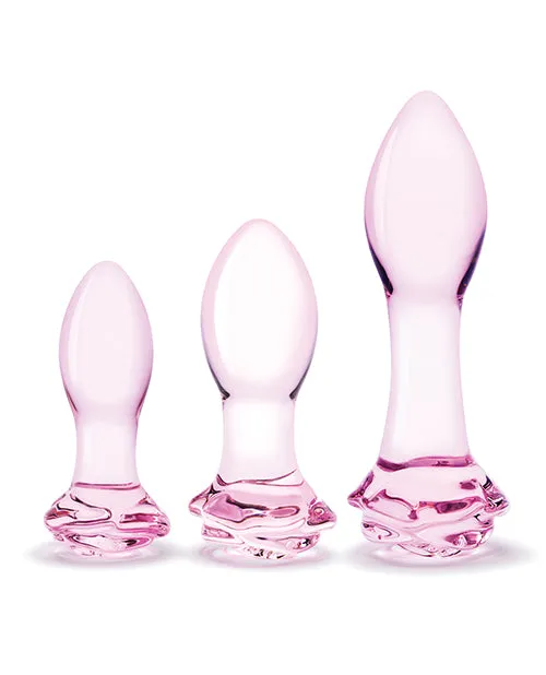 Glas Rosebud Butt Plug Set 3 Piece Pink Glas Anal Glas Rosebud Butt Plug Set 3 Piece Pink Glas Anal