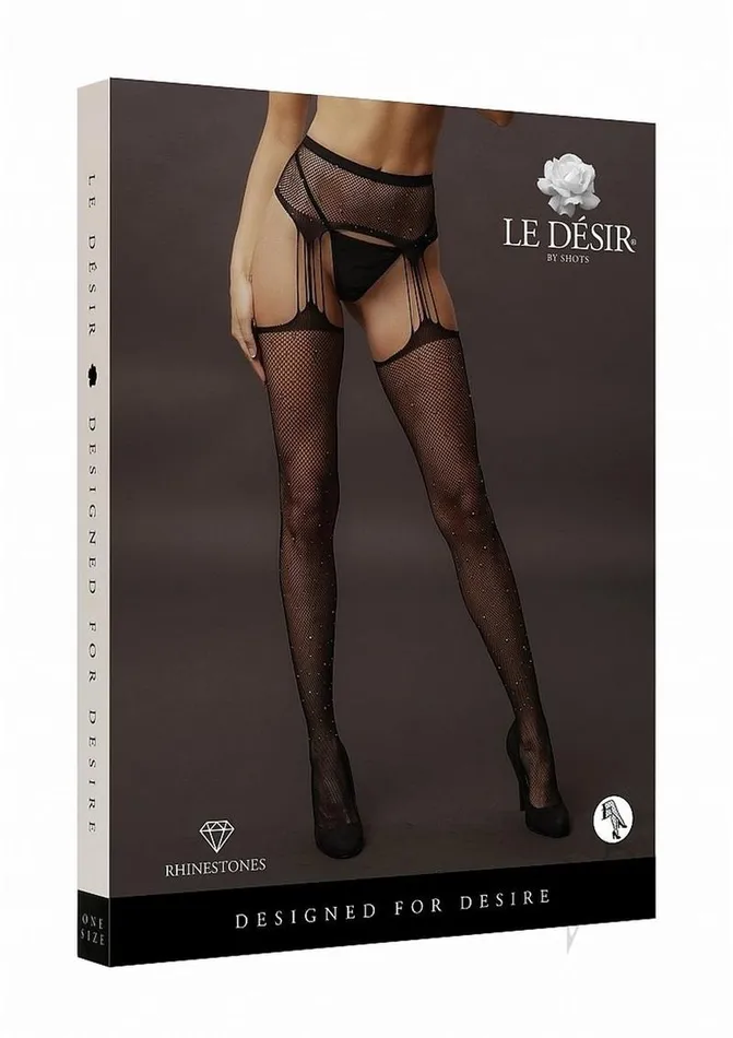 Le Desir Suspender Rhinestone Pantyhose OS Black Le Desir Anal