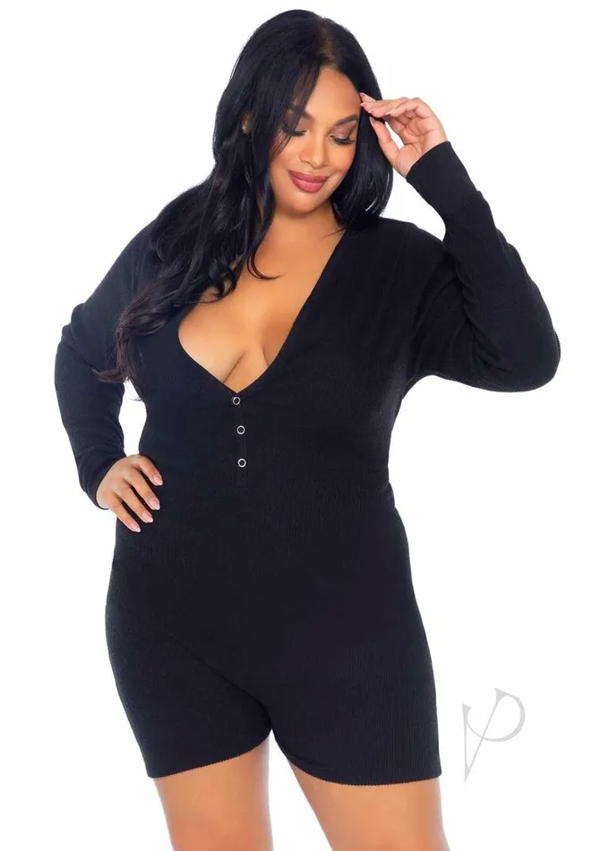 Leg Avenue Anal Leg Avenue Brushed Rib Romper Long Johns with Cheeky Snap Closure Back Flap 1X2X Black