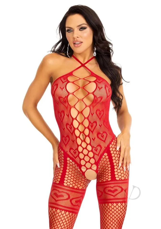 Leg Avenue Heart Net Halter Bodystocking with Faux Lace Up Front and Leg Garter Detail OS Red Leg Avenue Couples Leg Avenue Heart Net Halter Bodystocking with Faux Lace Up Front and Leg Garter Detail OS Red Leg Avenue Couples