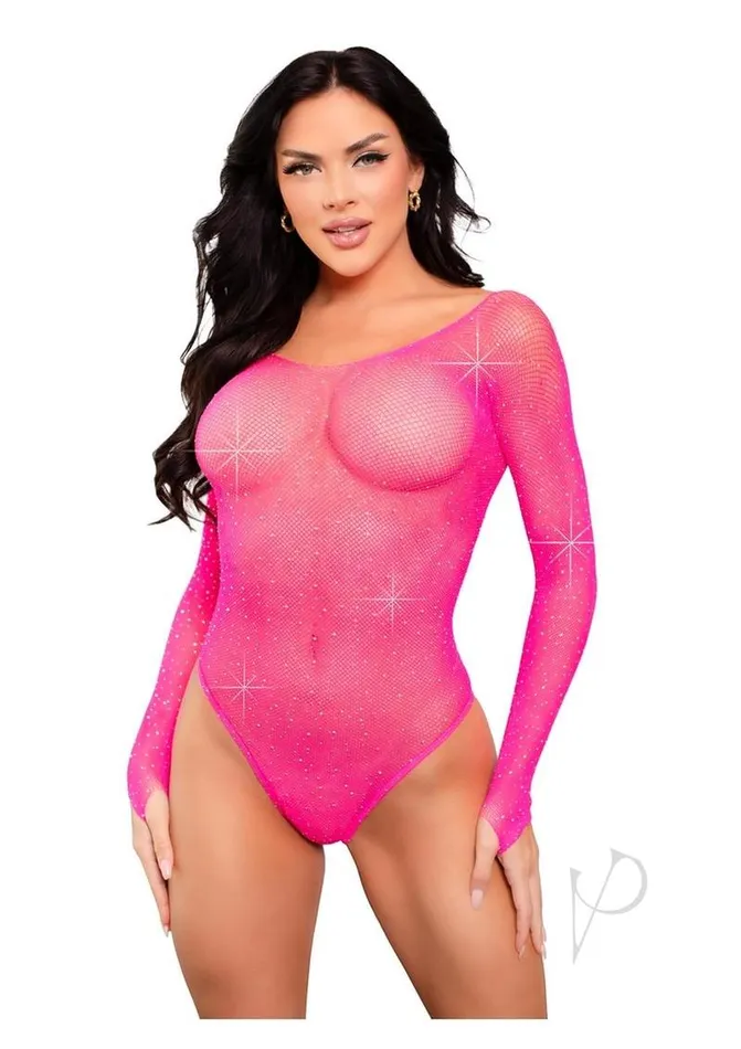 Leg Avenue Teddies And Bodies Leg Avenue Crystalized Long Sleeve Fishnet Thong Back Bodysuit with Snap Crotch OS Neon Pink