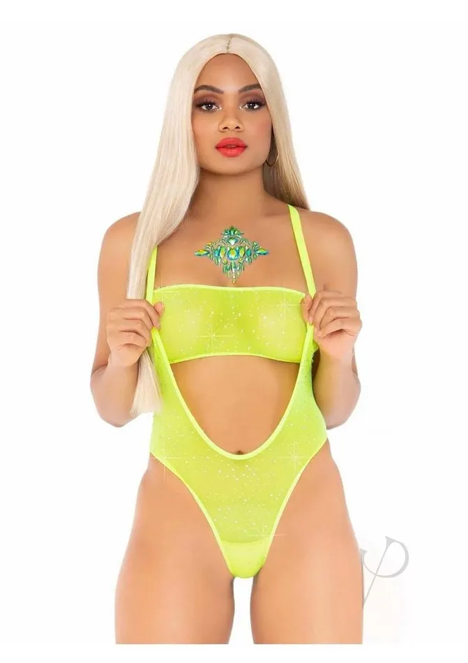 Leg Avenue Teddies And Bodies Leg Avenue Rhinestone Mesh Bandeau and Suspender Bodysuit 2 Piece OS Neon Yellow