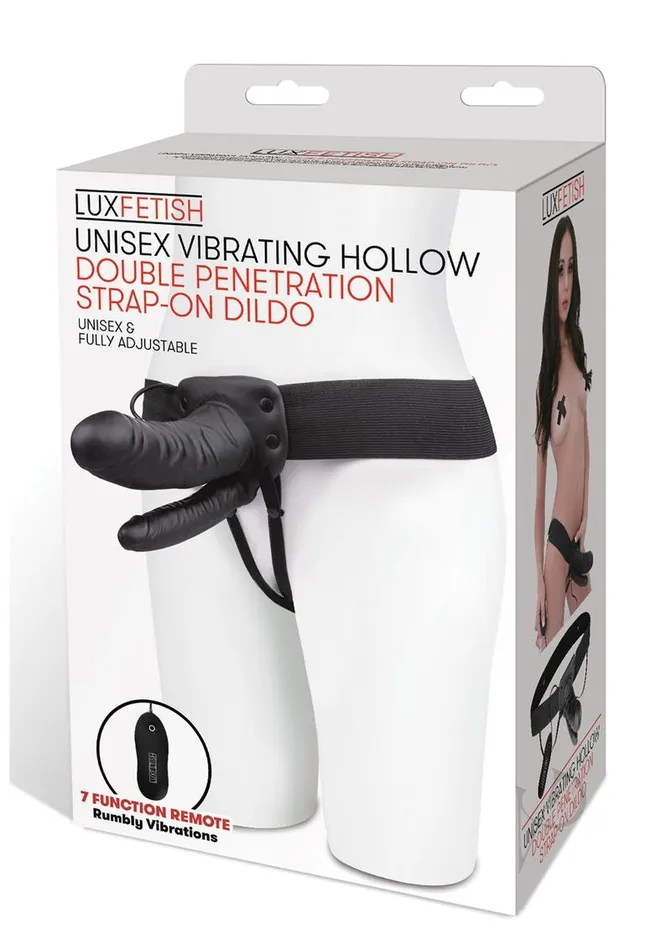 Lux Fetish Female Sex Toys Lux Fetish Unisex Vibrating Hollow Double Penetration StrapOn Dildo with Wired Remote Control 9in Black Lux Fetish Female Sex Toys Lux Fetish Unisex Vibrating Hollow Double Penetration StrapOn Dildo with Wired Remote Control 9in Black