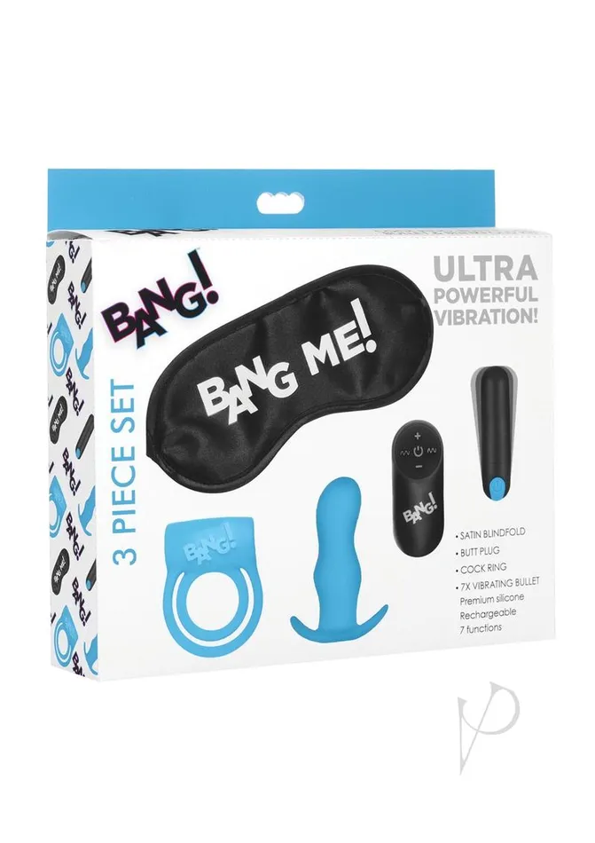 Male Sex Toys Bang Bang Duo Blast Plug and Cock Ring Kit set of 4 Blue