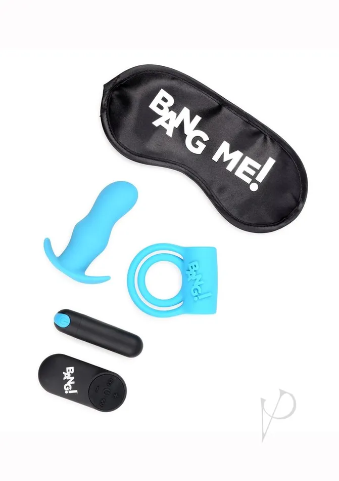 Male Sex Toys Bang Bang Duo Blast Plug and Cock Ring Kit set of 4 Blue