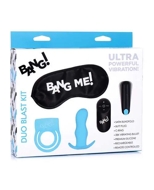 Male Sex Toys Bang Bang Duo Blast Plug and Cock Ring Kit set of 4 Blue