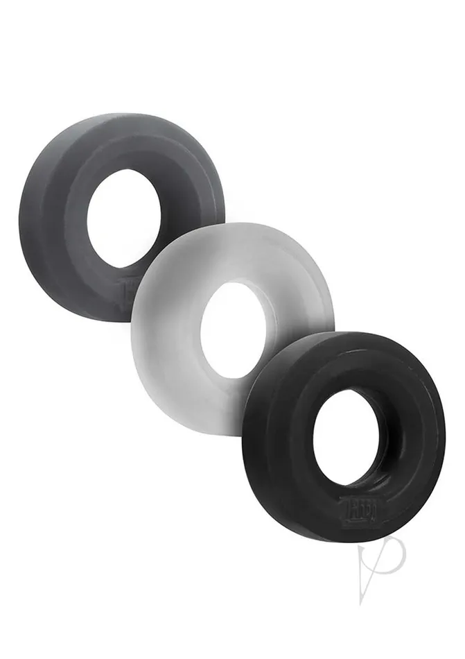 Male Sex Toys Hunkyjunk Hunkyjunk HUJ3 Silicone Cock Ring 3 Pack BlackGrayClear