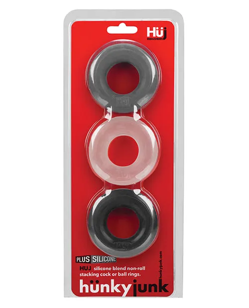 Male Sex Toys Hunkyjunk Hunkyjunk HUJ3 Silicone Cock Ring 3 Pack BlackGrayClear