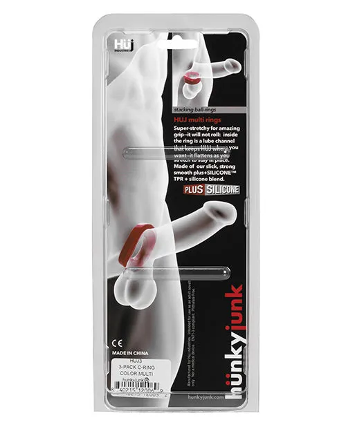 Male Sex Toys Hunkyjunk Hunkyjunk HUJ3 Silicone Cock Ring 3 Pack BlackGrayClear