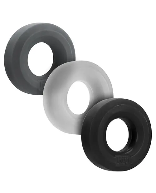 Male Sex Toys Hunkyjunk Hunkyjunk HUJ3 Silicone Cock Ring 3 Pack BlackGrayClear