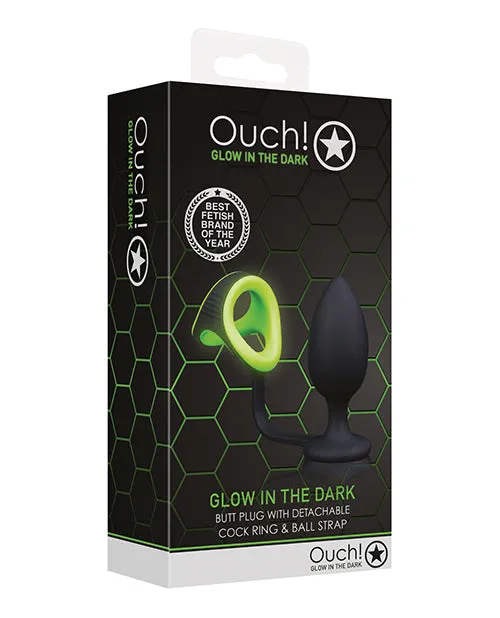 Ouch Male Sex Toys Ouch Butt Plug with Cock Ring and Ball Strap Silicone Glow in the Dark Green