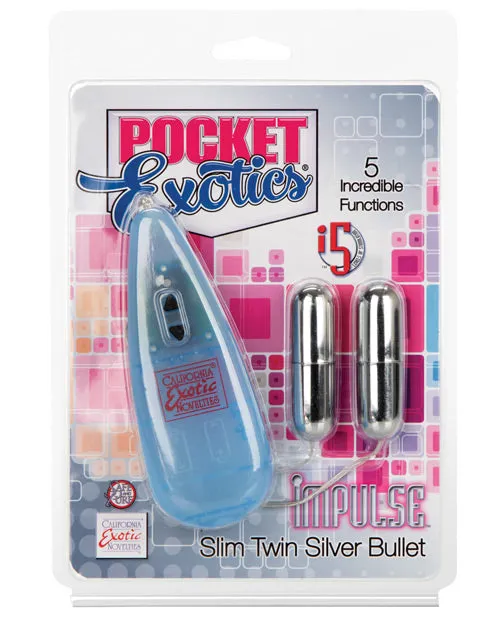 Pocket Exotics Female Sex Toys Pocket Exotics Impulse Slim Twin Bullets with Wired Remote Control Silver