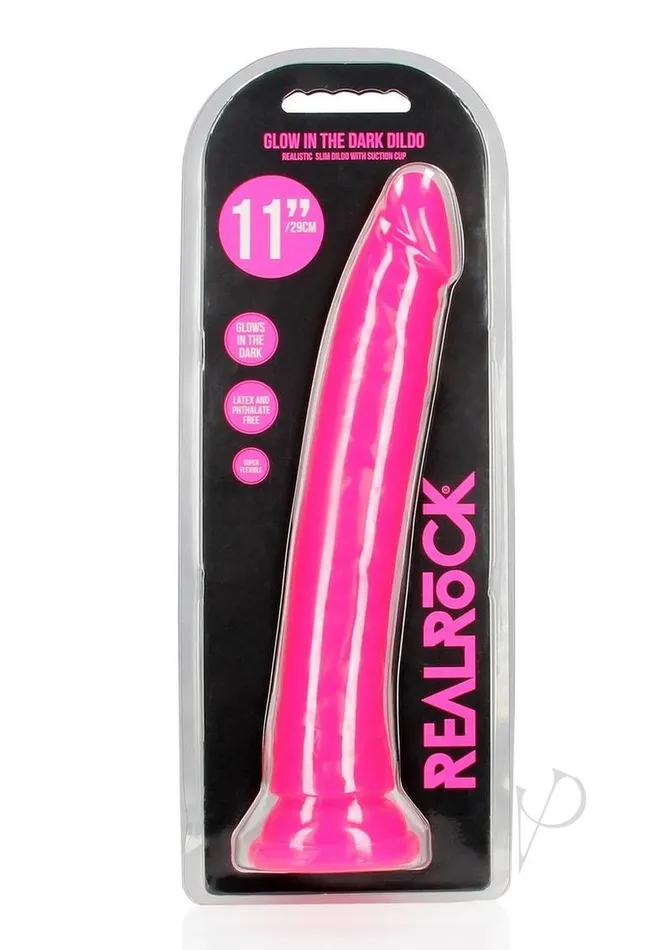 RealRock Slim Glow in the Dark Dildo with Suction Cup 11in Pink Real Rock Female Sex Toys RealRock Slim Glow in the Dark Dildo with Suction Cup 11in Pink Real Rock Female Sex Toys