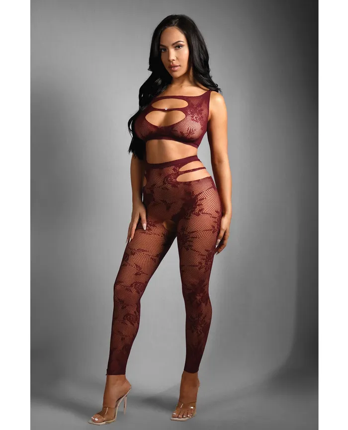Sheer Undivided Attention Cutout Lace Top w Crotchless Tights Burgundy OS Sheer Fantasy Hosiery