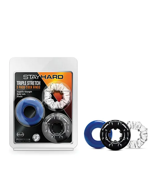 Stay Hard Triple Stretch 3 Pk Cock Ring Multi Color SimpleeDiscreet Male Sex Toys