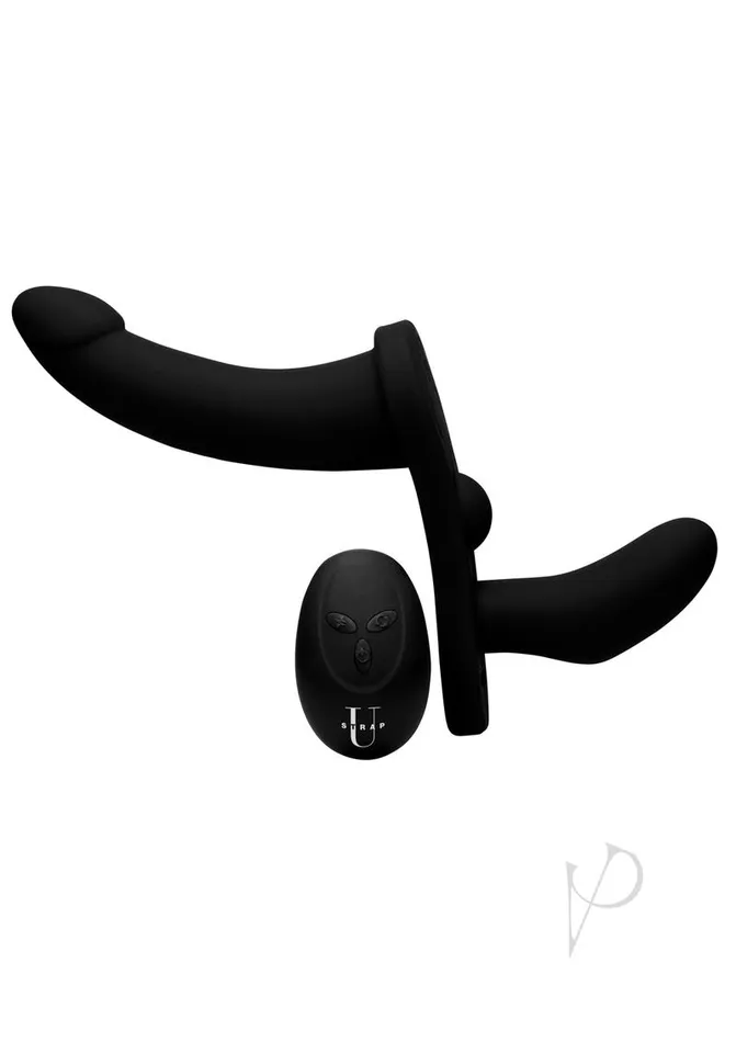 Strap U Female Sex Toys Strap U Double Take Double Penetration Rechargeable Silicone Vibrating Strapon Harness with Remote Control Black