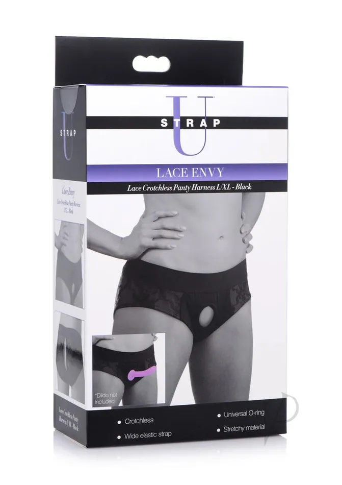 Strap U Strap U Lace Envy Black Crotchless Panty Harness LXL Black Anal