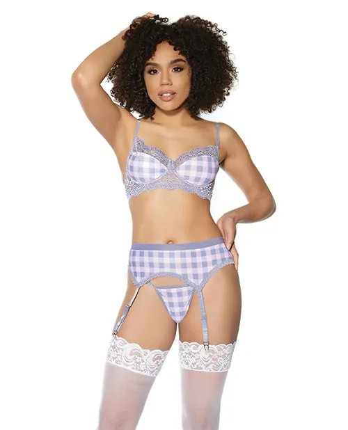 Vibrators Crystal Pink Collection Crystal Pink Buffalo Check Print Bra Garter Belt String GreyPink MD