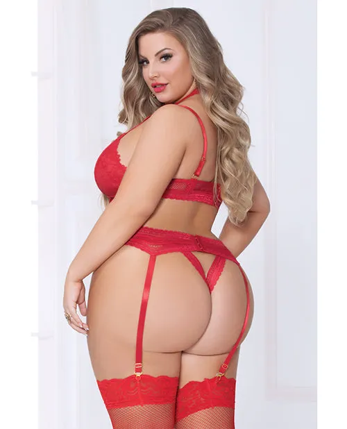Vibrators Seven Til Midnight Lace Netting Long Line Bra Garter Belt Open Crotch Thong Red 3X4X