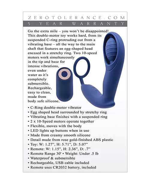 Zero Tolerance Extra Mile Rechargeable Silicone CRing Double Motor Vibrator with Remote Control Blue Zero Tolerance Female Sex Toys
